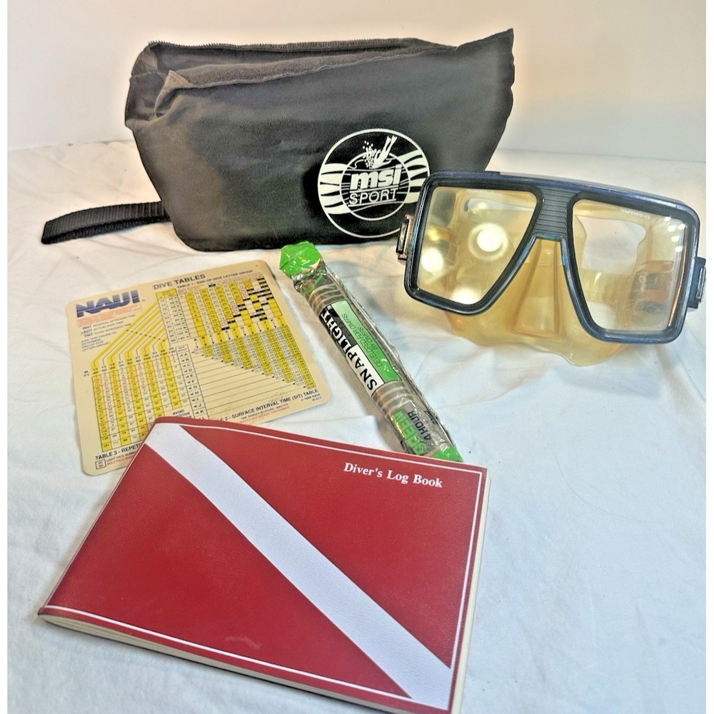 Vintage Scubapro Dive Mask & Retro Gear Lot - MSI Bag, NAUI Tables, Log Book